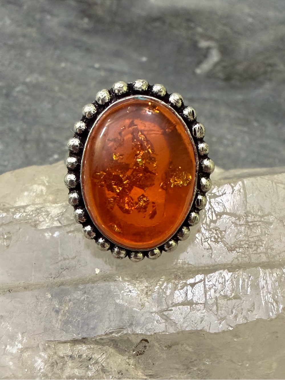 Genuine Amber Gemstone Cabochon Statement Silver Ring